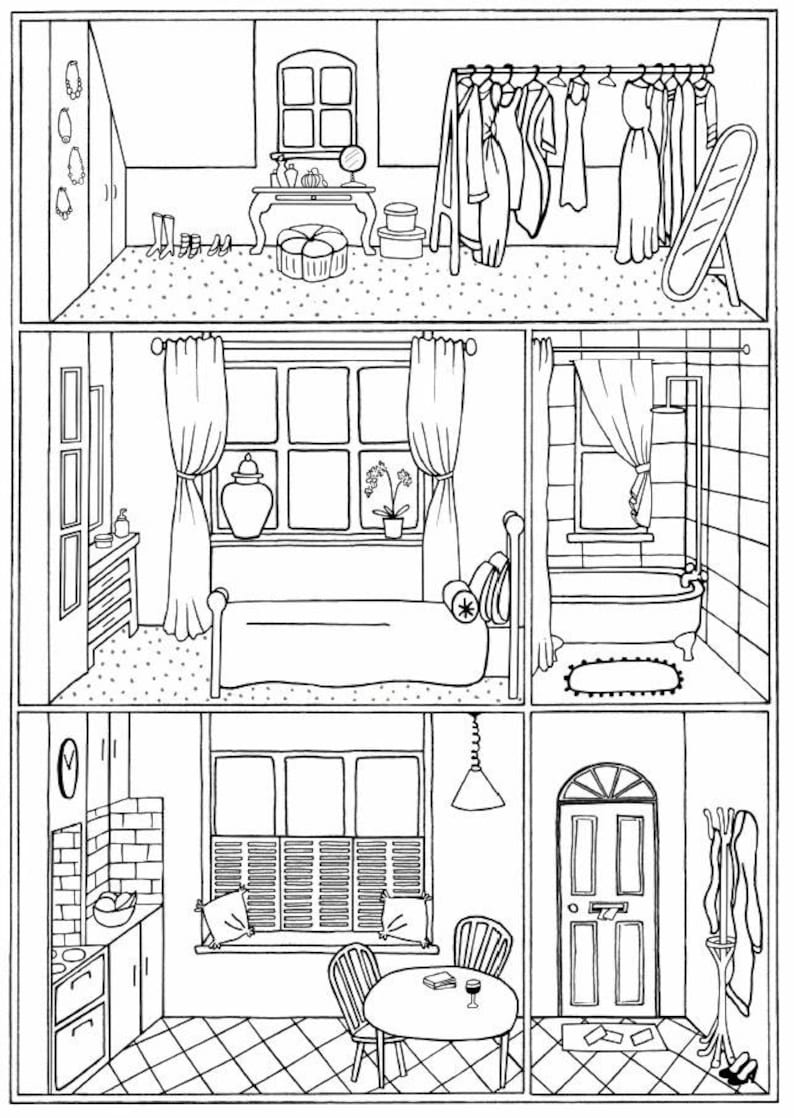 BUNDLE of 4 colouring pages house interiors instant download, print, colour and play image 2