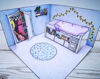 Pop-up paper dolls house diorama bedroom printable craft - with bed and wardrobe