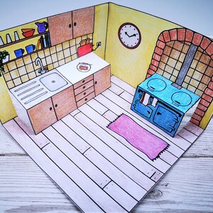 Printable Mini Paper DOLLSHOUSE Kit - Bundle of 4 Pop-up Rooms to Color ...