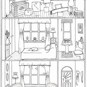 PAQUETE de 4 páginas para colorear de interiores de casas: descarga instantánea, imprime, colorea y juega imagen 4