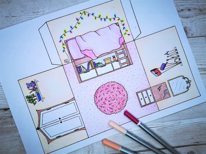 Paper doll house bedroom coloring printable craft