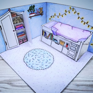 Pop-up Paper Dolls House Diorama Bedroom Printable Craft - With Bed and ...