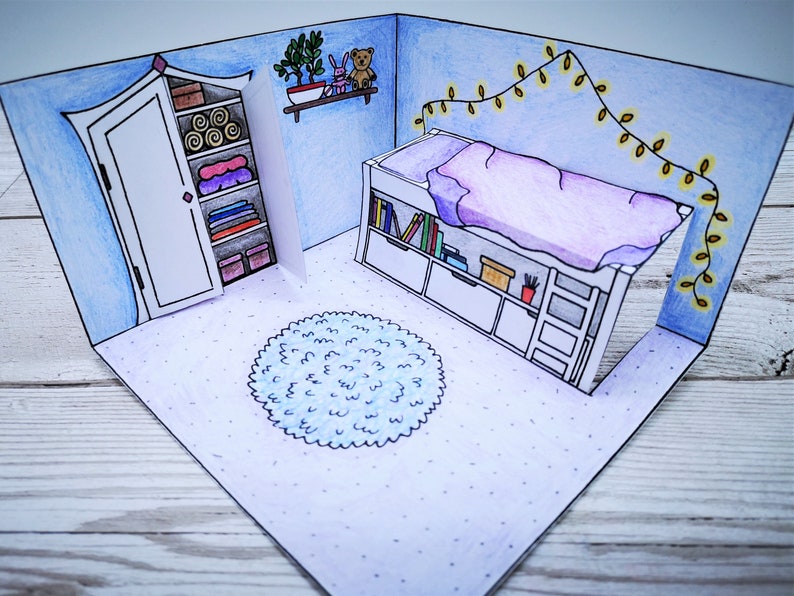 Pop-up Paper Dolls House Diorama Bedroom Printable Craft - With Bed and ...