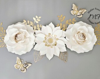 Paper Flowers | White and Gold Paper Flowers Set | Wedding Decor | Wedding Flowers | Girls Nursery Decor | Baby Shower Decor | Home Decor