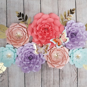 Paper Flowers Set | Paper flowers Backdrops | Girls Nursery Paper Flowers | Peach, Coral, Sky Blue And Purple Paper Flowers With Gold Accent