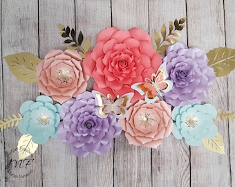 Paper Flowers Set | Paper flowers Backdrops | Girls Nursery Paper Flowers | Peach, Coral, Sky Blue And Purple Paper Flowers With Gold Accent