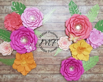 Tropical Vibrant Paper Flowers Set | Baby Nursery Wall Decor | Tropical Theme Party Decor | Coral Paper Flowers | Hibiscus Paper Flowers