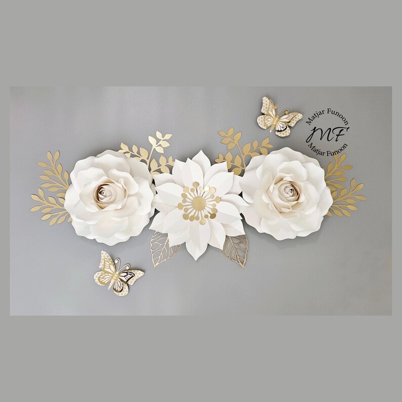 Paper Flowers White and Gold Paper Flowers Set Wedding Decor Wedding