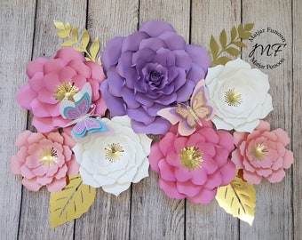 Nursery Paper Flowers DIY Kit | Purple, Pink and White Paper Flowers Set With Gold Accents | Girls Room Decor | Girls Nursery Floral Decor