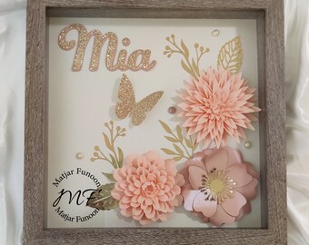 Paper Flowers Shadow Box | Custom Personalized Names Shadow Box | 3D Flowers Frames Shadow Boxes | Modern Minimal | Peach Rose Gold Decor