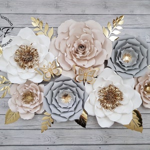 Grey, White and Light Beige Gold Accent Paper Flowers Set | Paper Flowers Wall Decor | Nursery Decor | Baby Girl Nursery Floral Decor