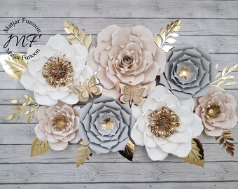 Grey, White and Light Beige Gold Accent Paper Flowers Set | Paper Flowers Wall Decor | Nursery Decor | Baby Girl Nursery Floral Decor