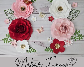 Paper Flowers Set | Paper Flowers Backdrops | Girls Nursery Wall Decor | Red Roses Decor | Red, Pink and White Paper Flowers | Home Decor