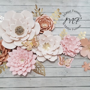 Ensemble de fleurs en papier | Fleurs en papier or rose, rose, rose pâle | Décoration murale pour chambre de bébé | Fleurs en papier pour chambre d'enfant | Kit de fleurs en papier à faire soi-même