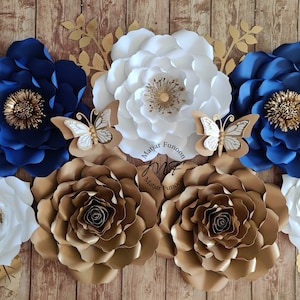 Paper Flowers Wall Decor | Nursery Decor | Baby Girl Nursery Paper Flowers | Navy Blue and Shimmer Gold Paper Flowers | Trending Home Decor