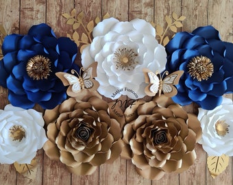 Paper Flowers Wall Decor | Nursery Decor | Baby Girl Nursery Paper Flowers | Navy Blue and Shimmer Gold Paper Flowers | Trending Home Decor