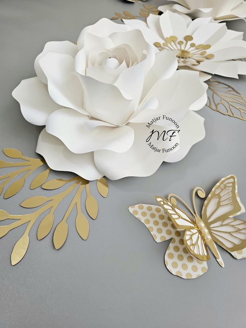 Paper Flowers White and Gold Paper Flowers Set Wedding Decor Wedding