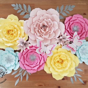 Yellow, Pink, Blush, And Sky Blue With Silver Accents Paper Flowers Set | Nursery Paper Flowers Decor | Baby Shower Decor | Flowers Backdrop
