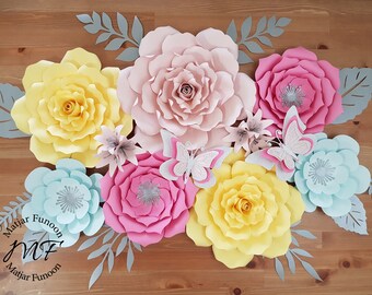 Yellow, Pink, Blush, And Sky Blue With Silver Accents Paper Flowers Set | Nursery Paper Flowers Decor | Baby Shower Decor | Flowers Backdrop