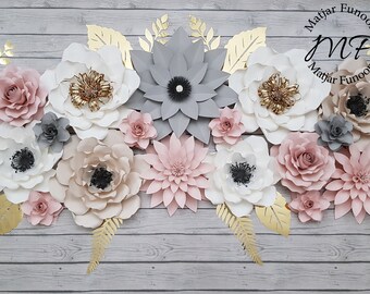 Blush Beige Grey White Gold Paper Flowers Set | Wedding Backdrop | Wedding Floral Wall Decor | Nursery Paper Flowers | Flowers Wall Decor