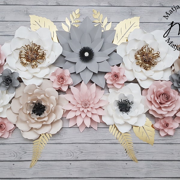 Blush Beige Grey White Gold Paper Flowers Set | Wedding Backdrop | Wedding Floral Wall Decor | Nursery Paper Flowers | Flowers Wall Decor