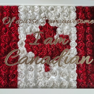 Peut inclure: Une œuvre d'art encadrée représentant un drapeau canadien fait de roses en papier rouge et blanc. L'inscription dorée dit "Of course I am awesome, I am Canadian" sur le drapeau floral.