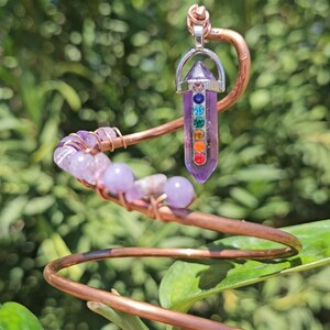 May include: A copper wire plant stake with a spiral design, adorned with amethyst beads and a purple crystal pendant. The pendant features a rainbow of colors, representing the chakras. The stake is placed in a potted plant.