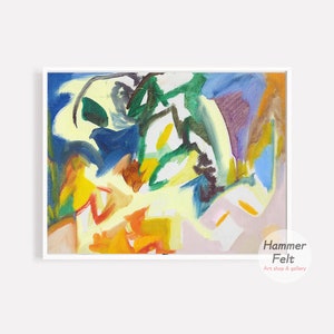 Puede incluir: Pintura abstracta con una mezcla de colores que incluyen amarillo, verde, azul, naranja y rosa. La pintura tiene una sensación dinámica y enérgica.