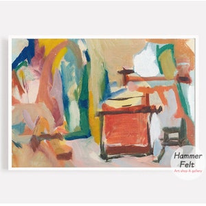 May include: Abstract painting with bold strokes of color in shades of red, orange, yellow, green, blue, and white. The painting depicts a still life with a vase and other objects.