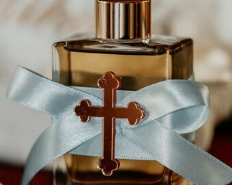 Glass Orthodox Baptismal Oil Bottle with Gold Acrylic Cross and Satin Ribbon, Rectangular Bottle with Gold Wadded Cap, Christening Favour