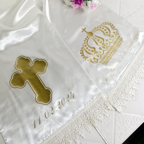 White Orthodox Wedding Sash with Cross, Crown, Names and Date Made from Satin, Vencani Peskir za Mladence, Contemporary Style Cyrillic Font