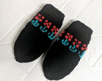 Hand-Knit Baby Socks, Black with Floral Embroidery