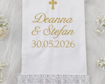Orthodox Christian Wedding Sash, Embroidered Cross, Satin or Cotton, Personalized Names Date