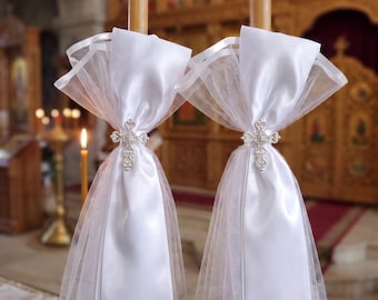 Orthodox Wedding & Christening Candle, White Tulle and Satin, Beeswax or Paraffin, Gold or Silver Cross