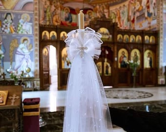 Orthodox Wedding Candle, Tulle & Pearls, Christening Candle, Lace, Gold or Silver Cross