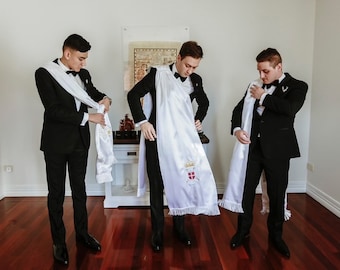 White Embroidered Serbian Wedding Sashes Made from Satin, Vezeni Svadbeni Peskiri, Serbian Eagle Grb Cyrillic Embroidery Towels Sashes