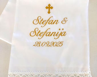 Orthodox Christian Wedding Sash, White Satin or Cotton Embroidered Orthodox Vencani Peskir Personalisation, Hand Tie, Serbian, Macedonian