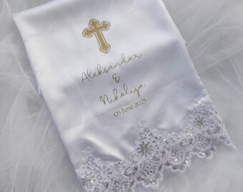 White Satin Orthodox Wedding Sash with Cross, Names, Date, Hand-Tied Tradition