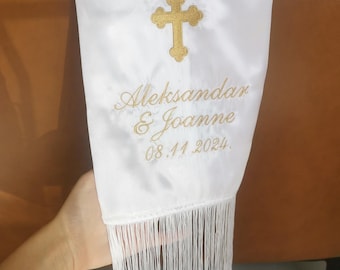 White Embroidered Orthodox Wedding Sash with Cross, Names and Date Made from Satin or Cotton, Vezeni Vencani Peskir za Mladence,Wedding Sash