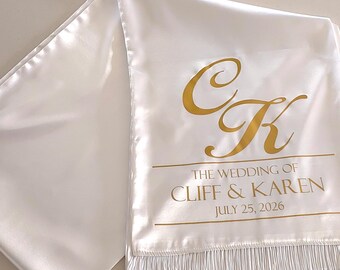 White Satin or Cotton Orthodox Wedding Sash with Initials, Names and Date, Vencani Peskir za Mladence, Contemporary Style English Cyrillic
