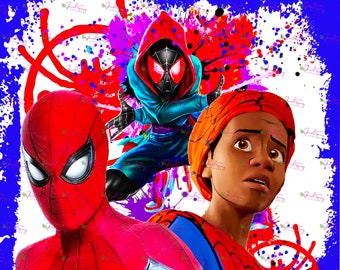 May include: Three Spider-Man characters in a colorful, abstract background. The character on the left is wearing a red and blue suit with a spider logo on the chest. The character in the center is wearing a red hooded suit with a black spider logo on the chest. The character on the right is wearing a red and blue suit with a spider logo on the chest and a red bandana.