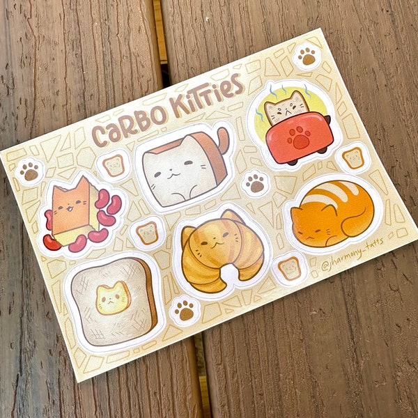 Carbo Kitties Sticker Sheets, Cute Fun Original Art, Waterproof Vinyl Stickers of Bread Cats, Loaf Cat, Croissant Cat, Toast Cat, Butter Cat