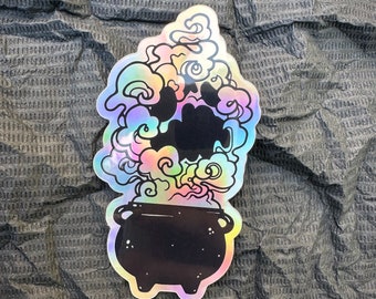 Spooky Cauldron Holographic Sticker, Waterproof Vinyl Skull Sticker, Witchy Fanatic