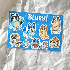 Bluey Vinyl Sticker Sheet, Set of Cute Kids Animated Cartoon Dog Stickers, Original Fanart Waterproof Format