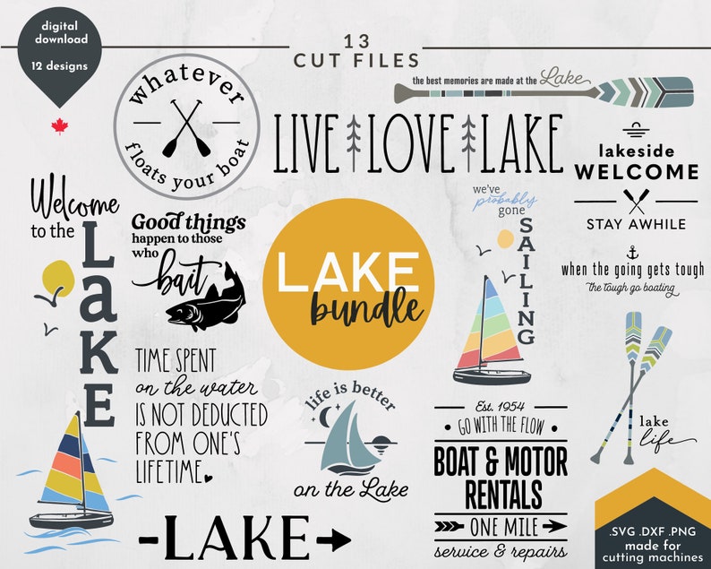 Summer SVG Bundle, Lake Life svg, 13 Lake Inspired Designs | Commercial use | Fishing, Boating, Vacation Cut Files | Hand lettered svg, png image 1