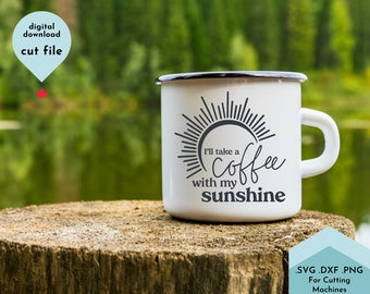 May include: White enamel mug with a black sun graphic and the text "I'll take a coffee with my sunshine".