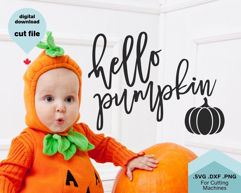May include: A baby wearing an orange pumpkin costume with green leaves, touching a large orange pumpkin. The text "hello pumpkin" is written in black cursive script above the pumpkin. The text ".SVG .DXF .PNG For Cutting Machines" is written in black at the bottom of the image.