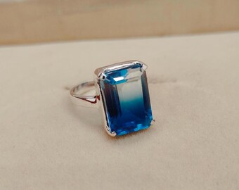 Anillo de turmalina indigolita bicolor, plata de ley 925, doblete de turmalina y cuarzo, corte octogonal, hecho a mano, regalo para ella.