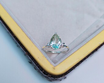 Natural Green Amethyst Ring in 925 Sterling Silver, Pear Cut Green Amethyst Solitaire Ring, Handmade Ring, February Birthstone, Gift for her