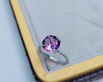 Alexandrite Solitaire Ring – 925 Sterling Silver Color Change Alexandrite Ring, Round Cut Alexandrite Ring, June Birthstone – Gift for Her